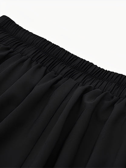 Solid Color Pleated Elastic Waist Pocketed A-Line Midi Skirt