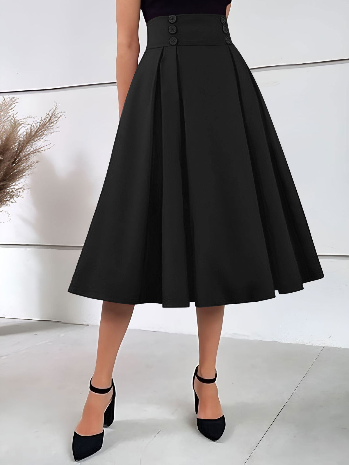 Solid Color Pleated Elastic Waist Pocketed A-Line Midi Skirt