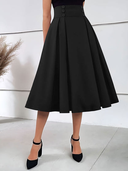 Solid Color Pleated Elastic Waist Pocketed A-Line Midi Skirt