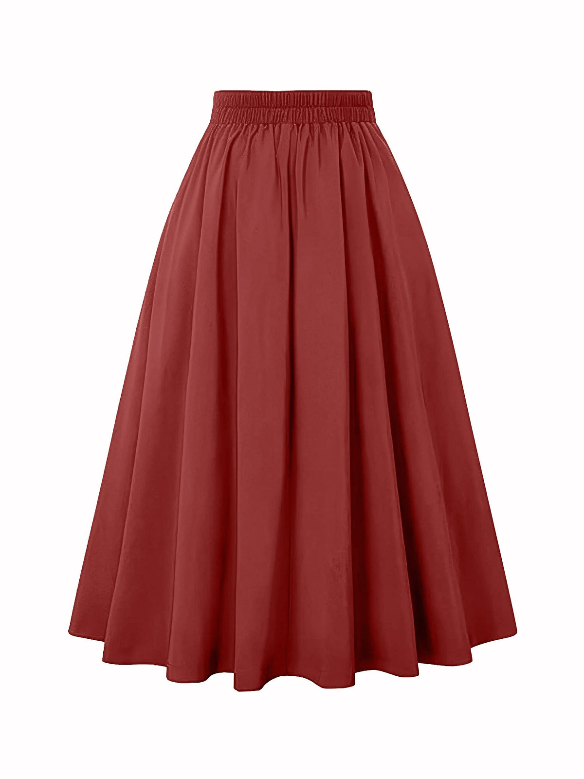 Solid Color Pleated Elastic Waist Pocketed A-Line Midi Skirt