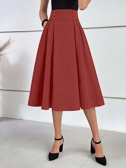 Solid Color Pleated Elastic Waist Pocketed A-Line Midi Skirt