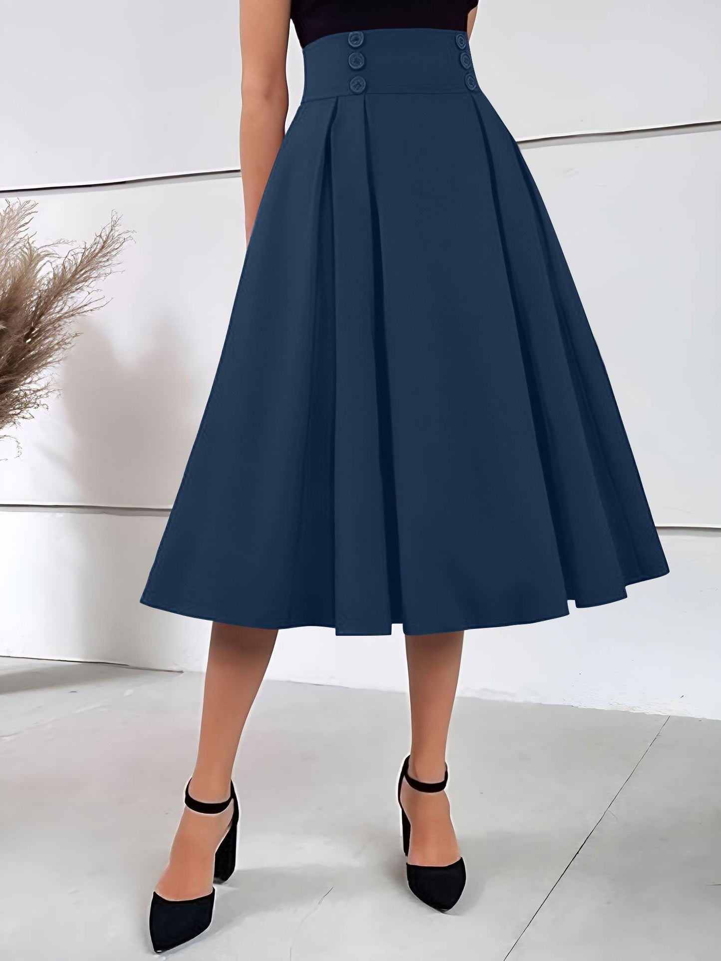Solid Color Pleated Elastic Waist Pocketed A-Line Midi Skirt