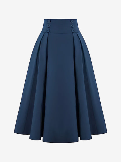 Solid Color Pleated Elastic Waist Pocketed A-Line Midi Skirt