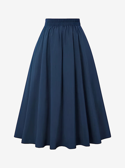 Solid Color Pleated Elastic Waist Pocketed A-Line Midi Skirt