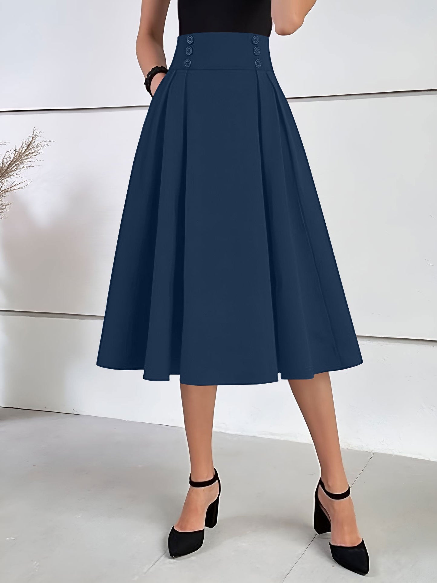 Solid Color Pleated Elastic Waist Pocketed A-Line Midi Skirt
