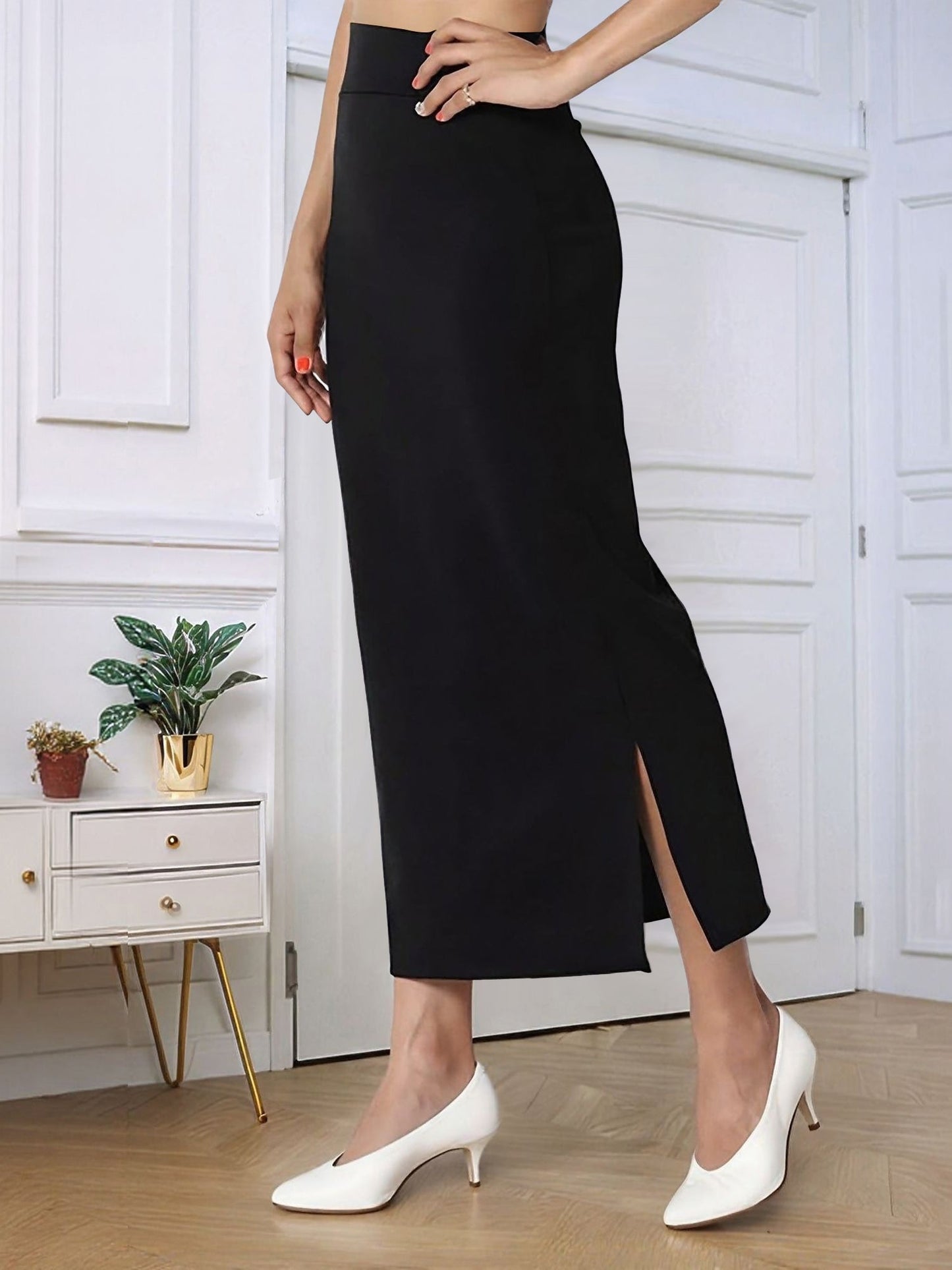 Solid Color High Waist Slit Midi Pencil Skirt