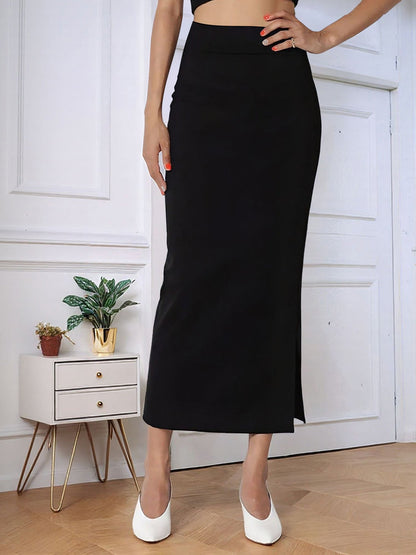 Solid Color High Waist Slit Midi Pencil Skirt
