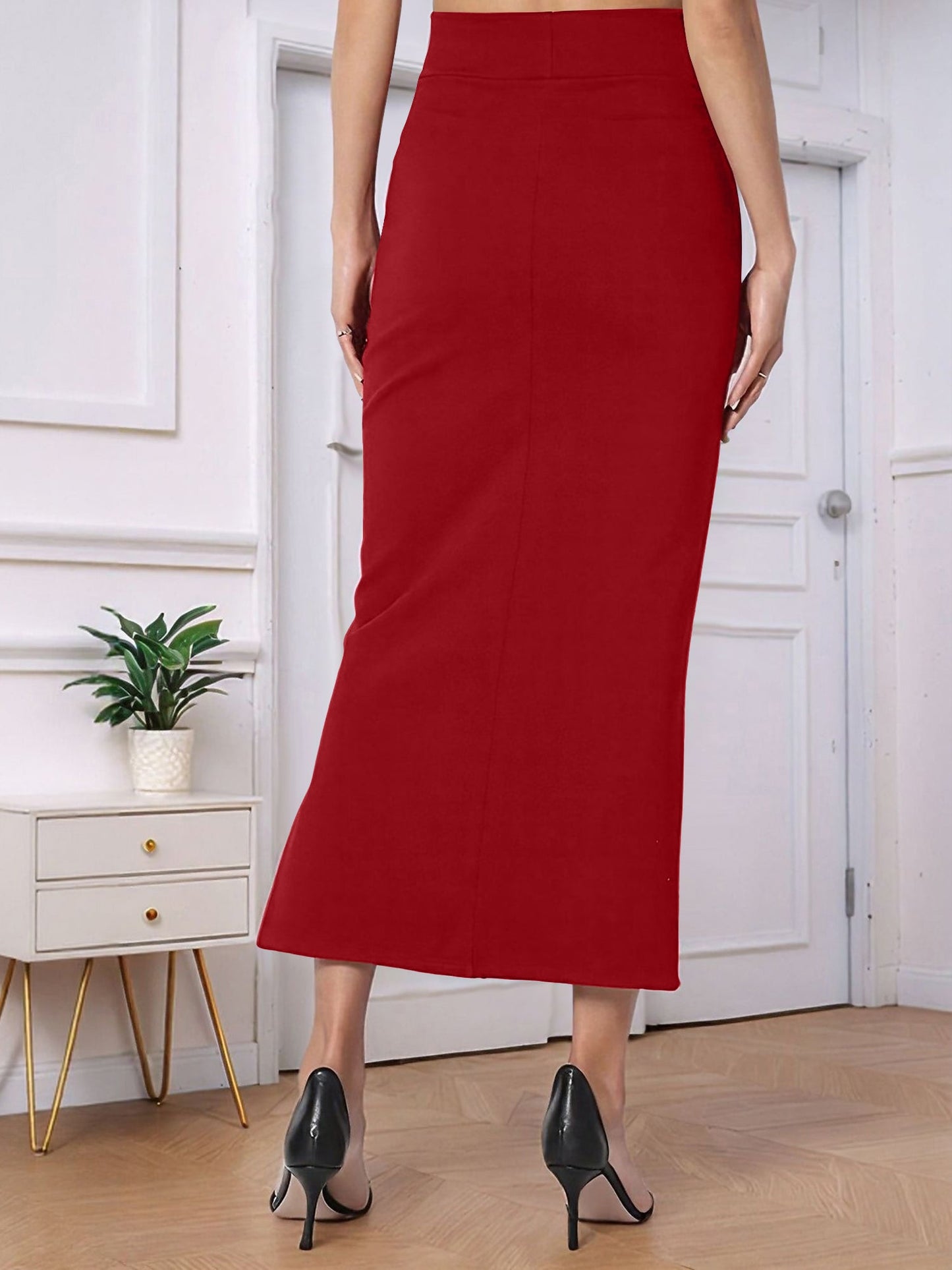 Solid Color High Waist Slit Midi Pencil Skirt