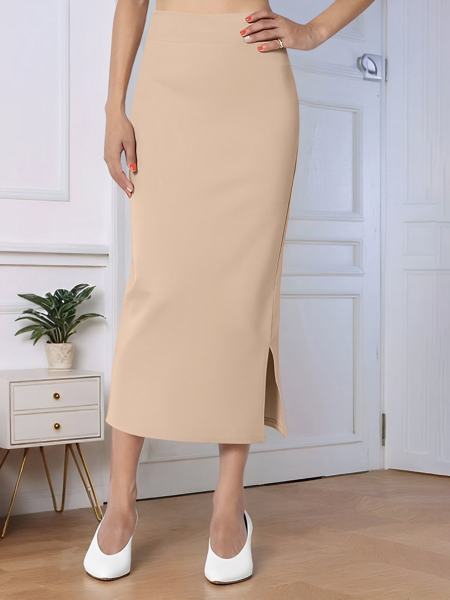 Solid Color High Waist Slit Midi Pencil Skirt