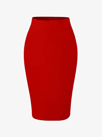 Solid Color High Waist Slit Knee Length Pencil Skirt