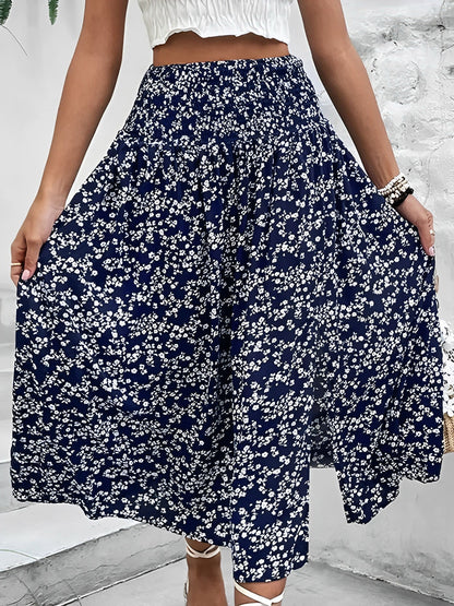 Floral Smocked Waist Slit Midi A-Line Skirt