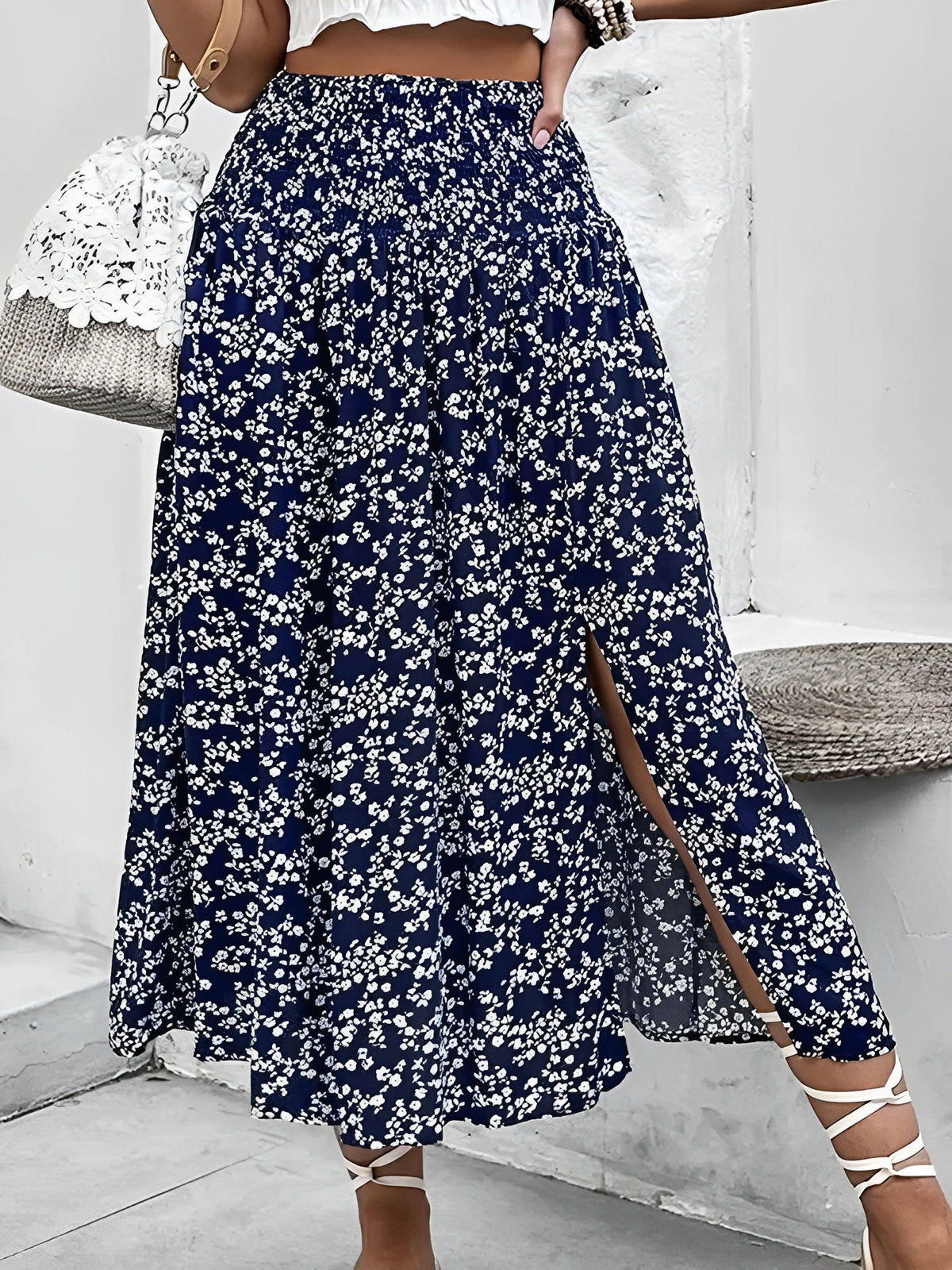 Floral Smocked Waist Slit Midi A-Line Skirt