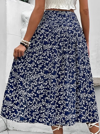 Floral Smocked Waist Slit Midi A-Line Skirt
