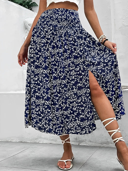 Floral Smocked Waist Slit Midi A-Line Skirt