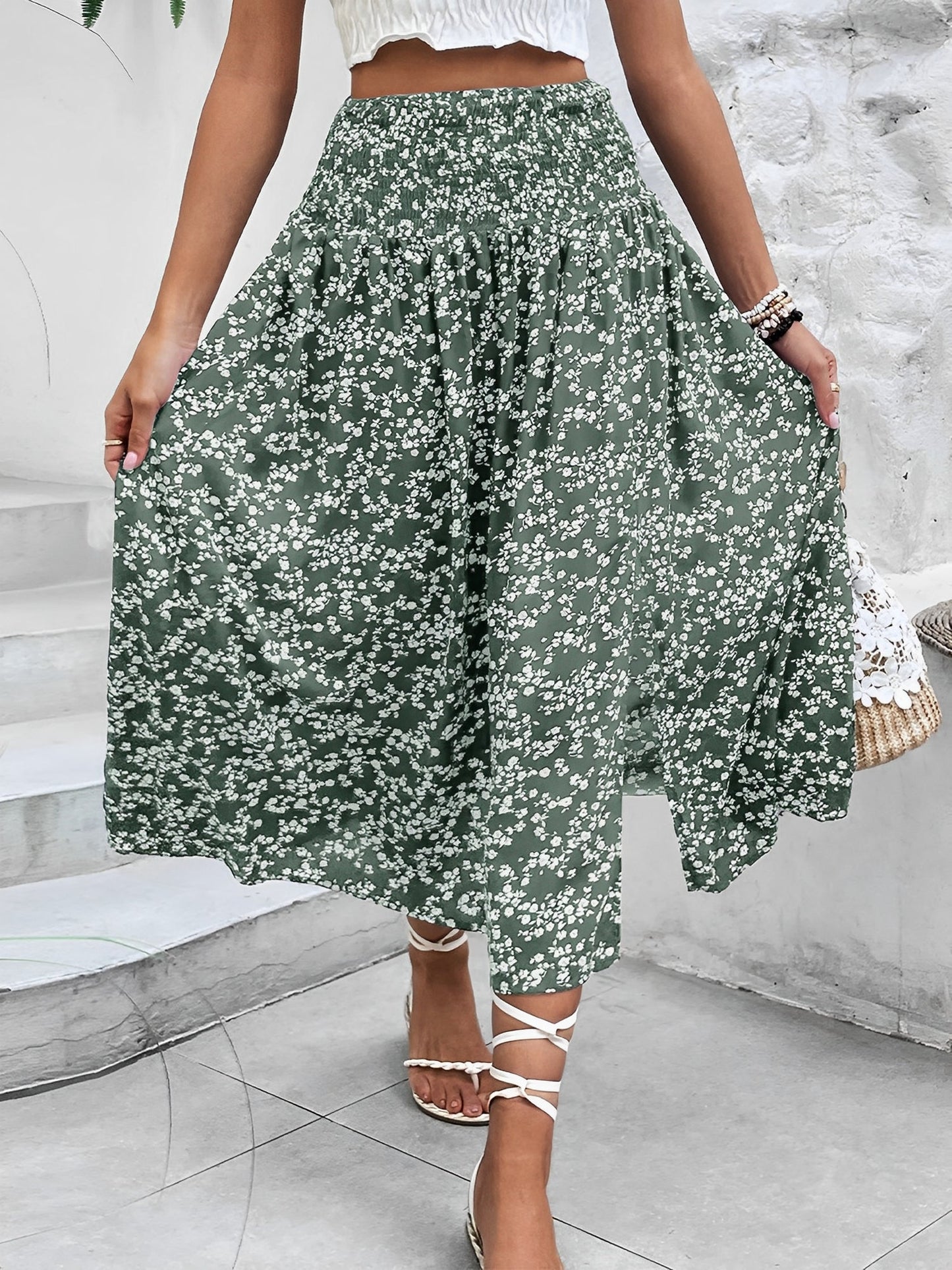 Floral Smocked Waist Slit Midi A-Line Skirt
