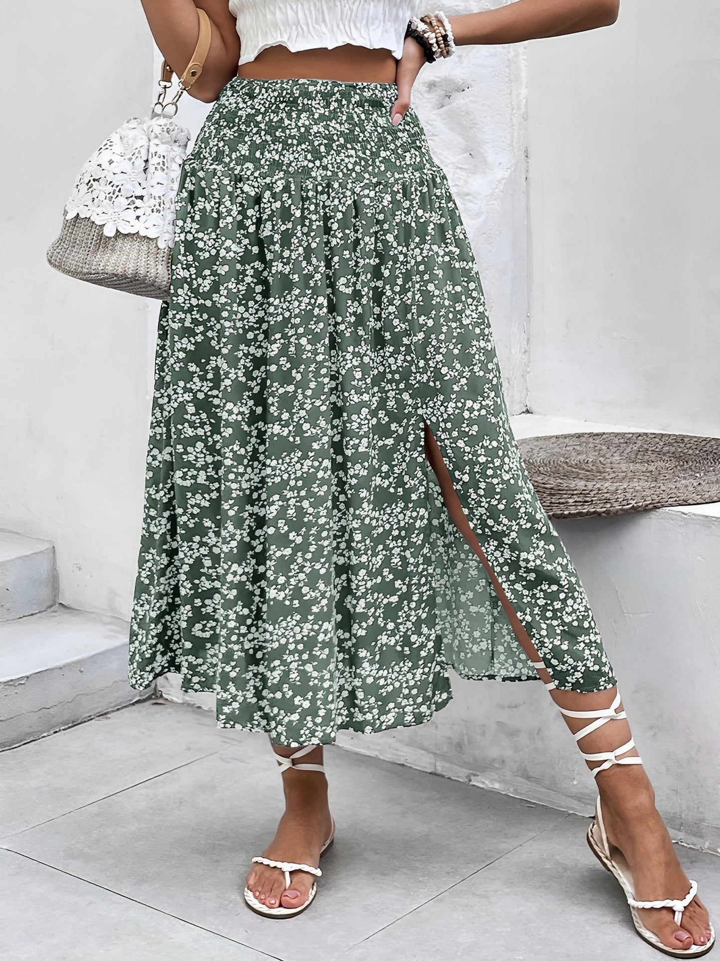 Floral Smocked Waist Slit Midi A-Line Skirt