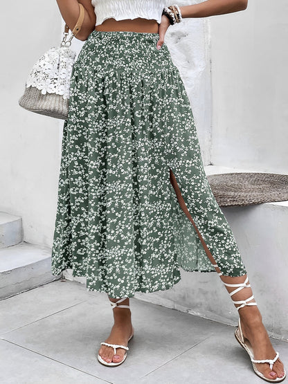 Floral Smocked Waist Slit Midi A-Line Skirt