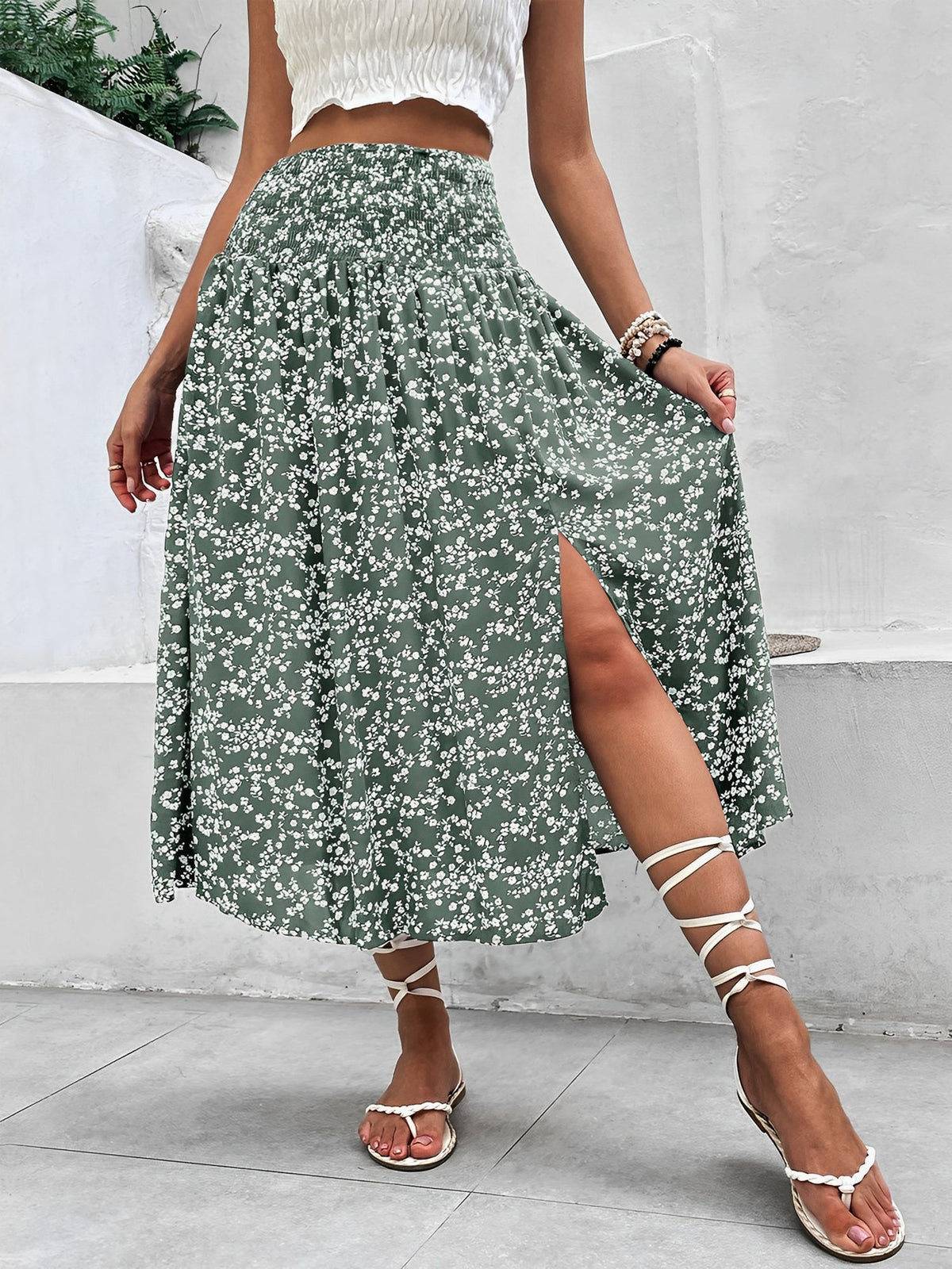 Floral Smocked Waist Slit Midi A-Line Skirt