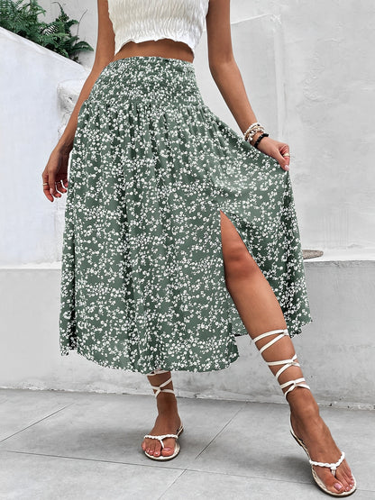 Floral Smocked Waist Slit Midi A-Line Skirt