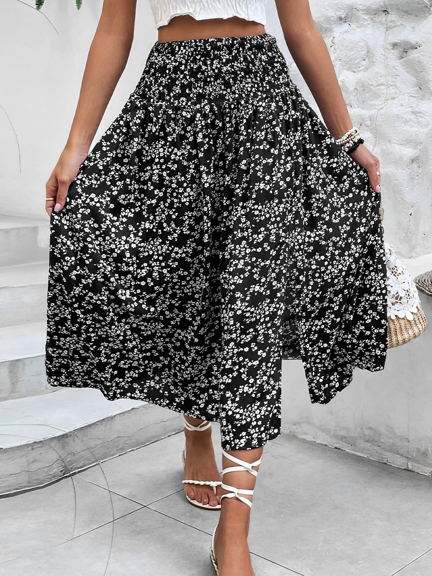 Floral Smocked Waist Slit Midi A-Line Skirt
