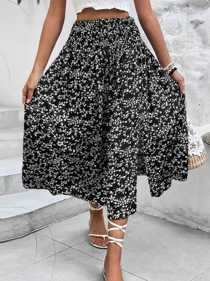 Floral Smocked Waist Slit Midi A-Line Skirt
