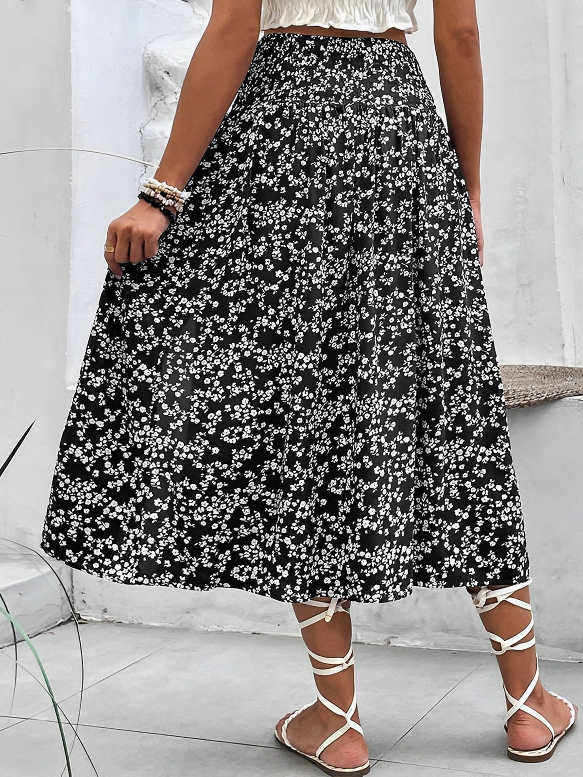 Floral Smocked Waist Slit Midi A-Line Skirt