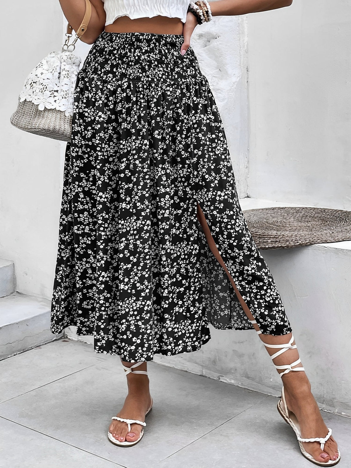 Floral Smocked Waist Slit Midi A-Line Skirt