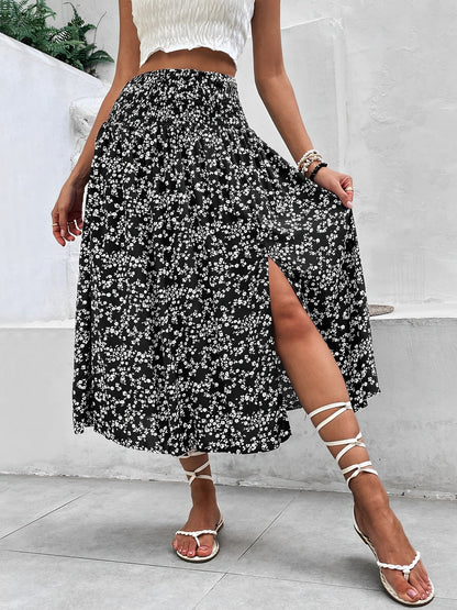 Floral Smocked Waist Slit Midi A-Line Skirt