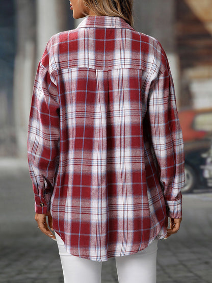 Plaid Turn Down Collar Long Sleeves Pocketed Shirt