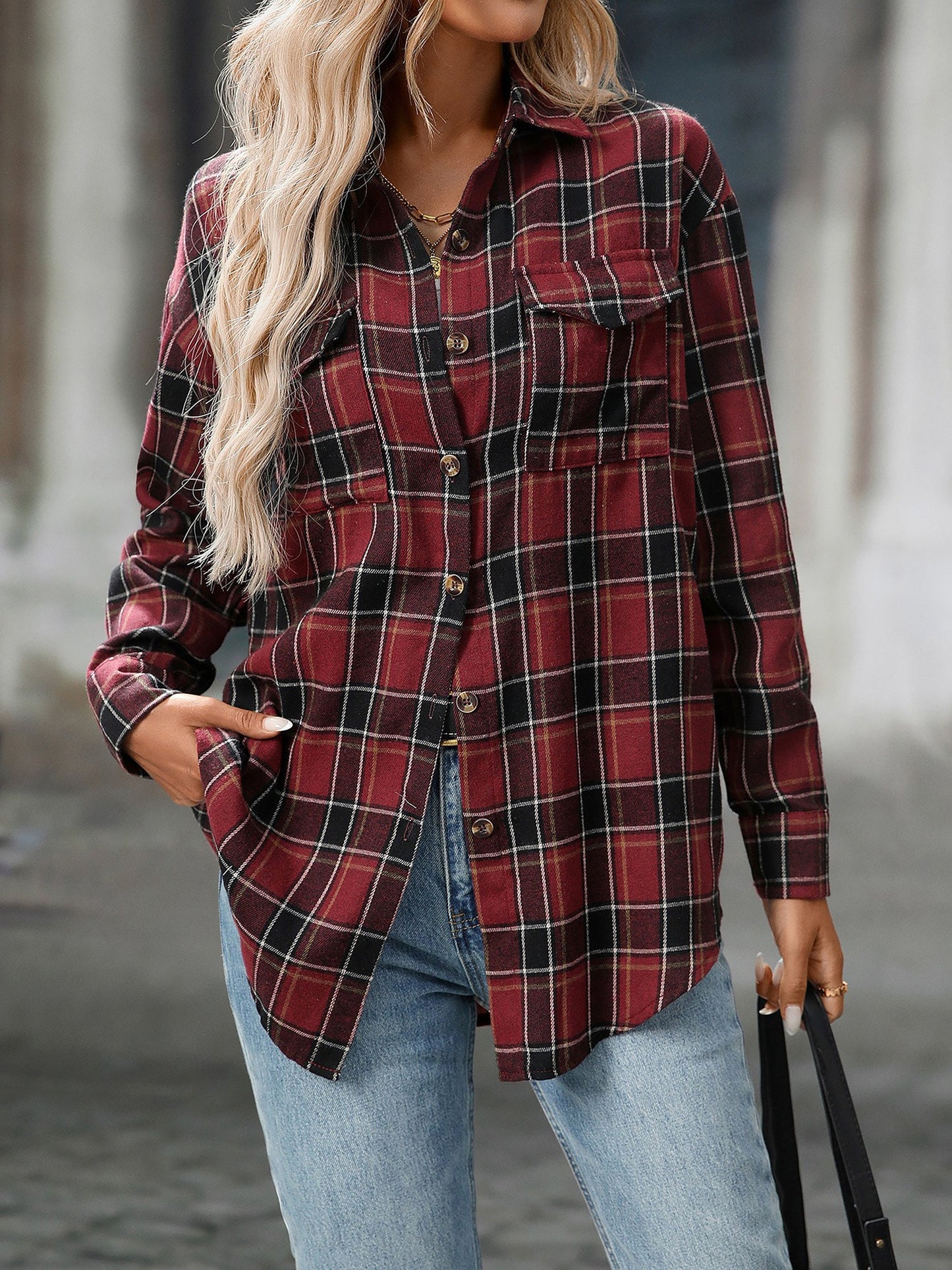 Plaid Turn Down Collar Long Sleeves Pocketed Shirt