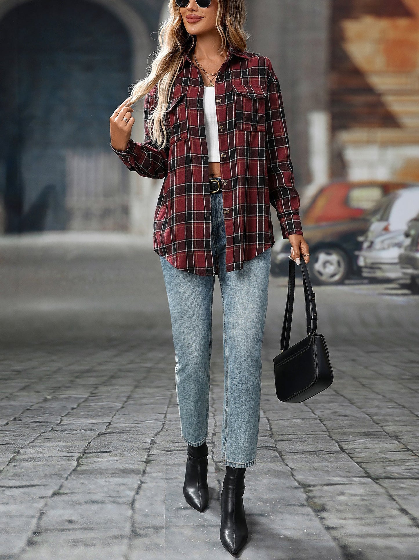 Plaid Turn Down Collar Long Sleeves Pocketed Shirt