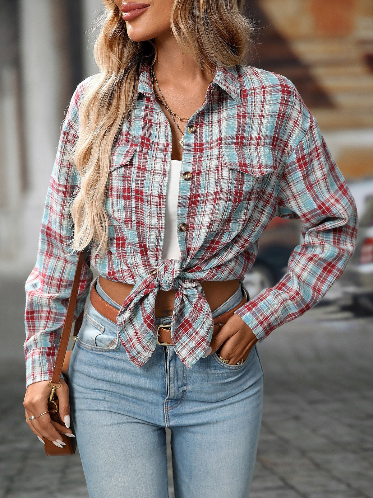 Plaid Turn Down Collar Long Sleeves Pocketed Shirt