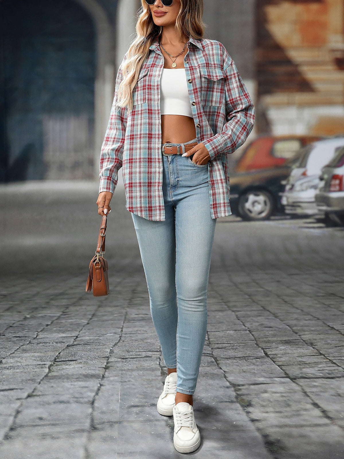 Plaid Turn Down Collar Long Sleeves Pocketed Shirt