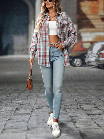 Plaid Turn Down Collar Long Sleeves Pocketed Shirt