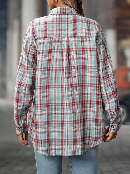 Plaid Turn Down Collar Long Sleeves Pocketed Shirt