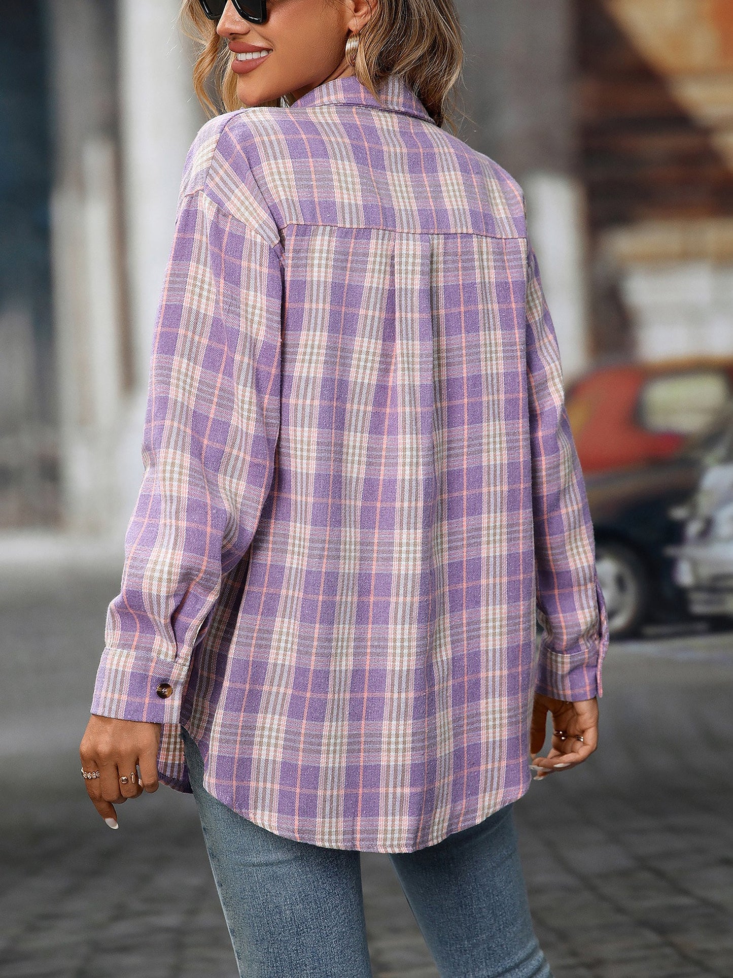 Plaid Turn Down Collar Long Sleeves Pocketed Shirt