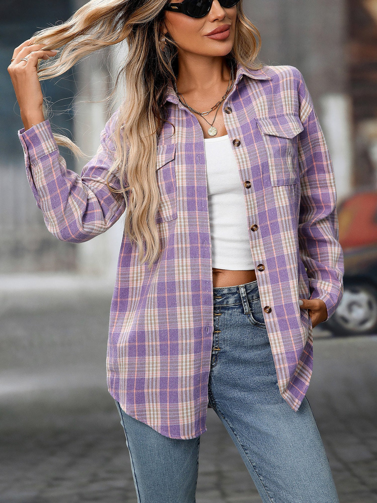 Plaid Turn Down Collar Long Sleeves Pocketed Shirt