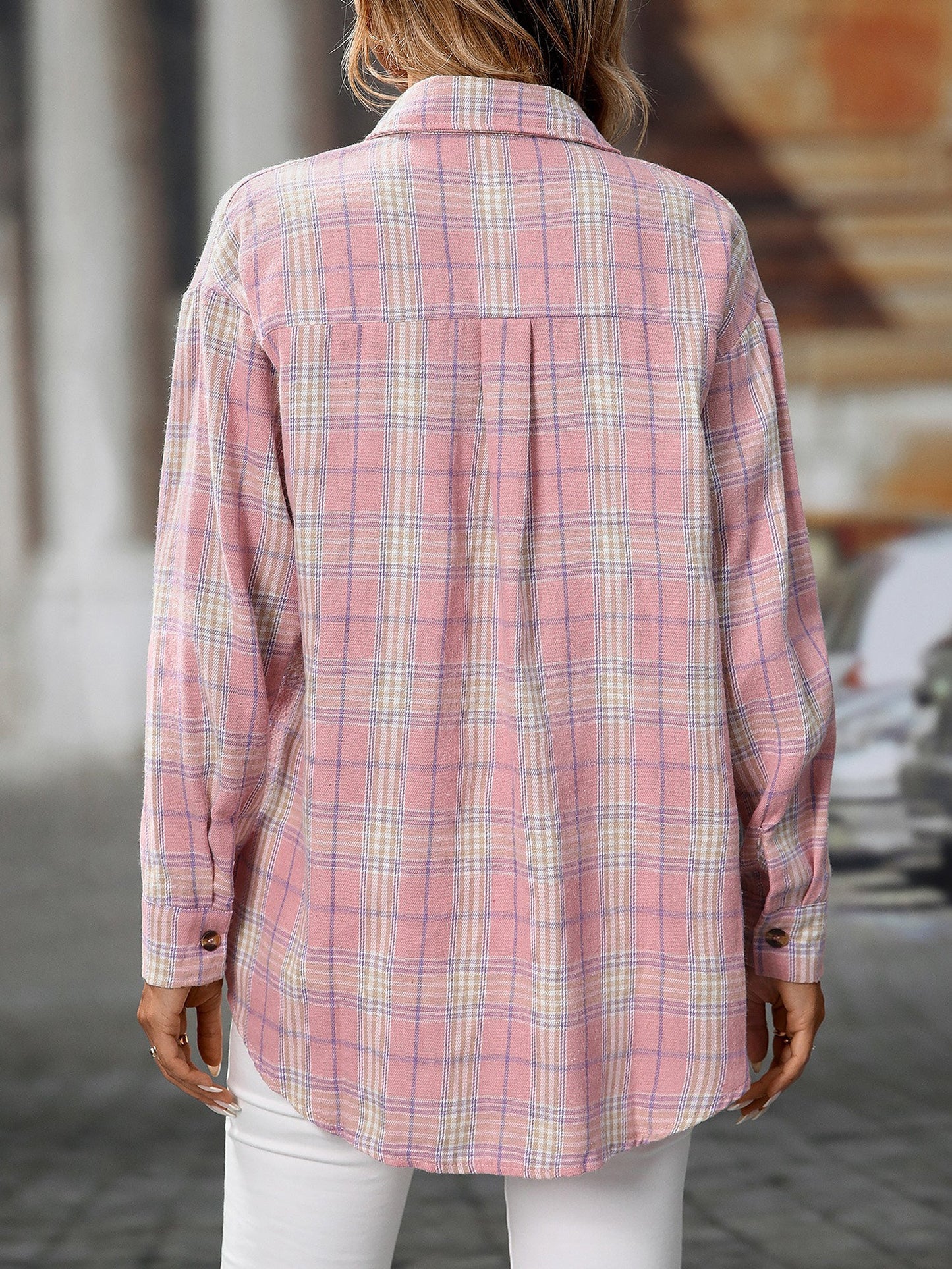Plaid Turn Down Collar Long Sleeves Pocketed Shirt