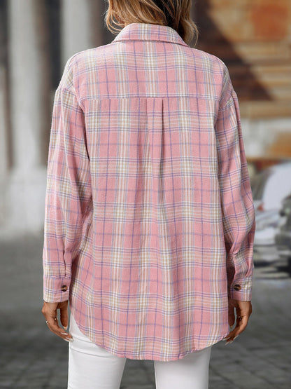 Plaid Turn Down Collar Long Sleeves Pocketed Shirt