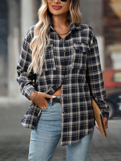 Plaid Turn Down Collar Long Sleeves Pocketed Shirt