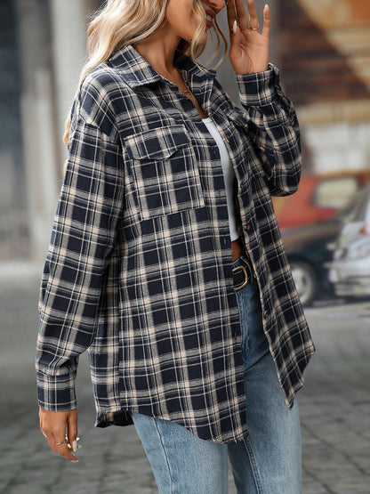 Plaid Turn Down Collar Long Sleeves Pocketed Shirt