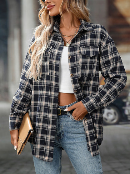 Plaid Turn Down Collar Long Sleeves Pocketed Shirt