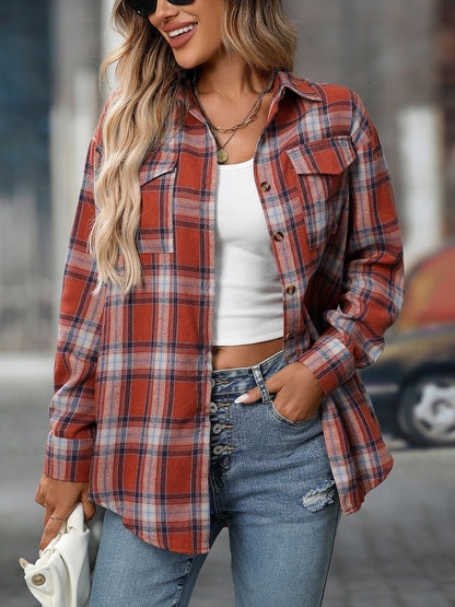 Plaid Turn Down Collar Long Sleeves Pocketed Shirt