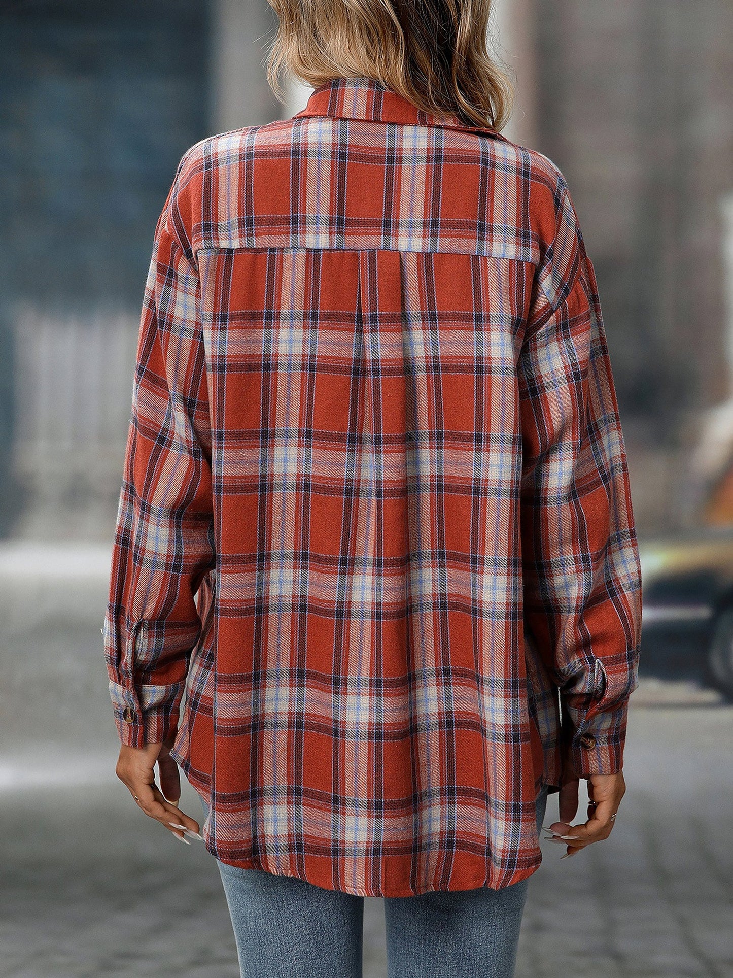 Plaid Turn Down Collar Long Sleeves Pocketed Shirt