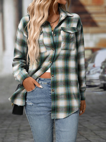 Plaid Turn Down Collar Long Sleeves Pocketed Shirt