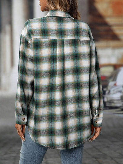 Plaid Turn Down Collar Long Sleeves Pocketed Shirt