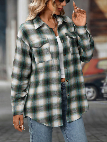 Plaid Turn Down Collar Long Sleeves Pocketed Shirt