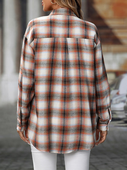 Plaid Turn Down Collar Long Sleeves Pocketed Shirt