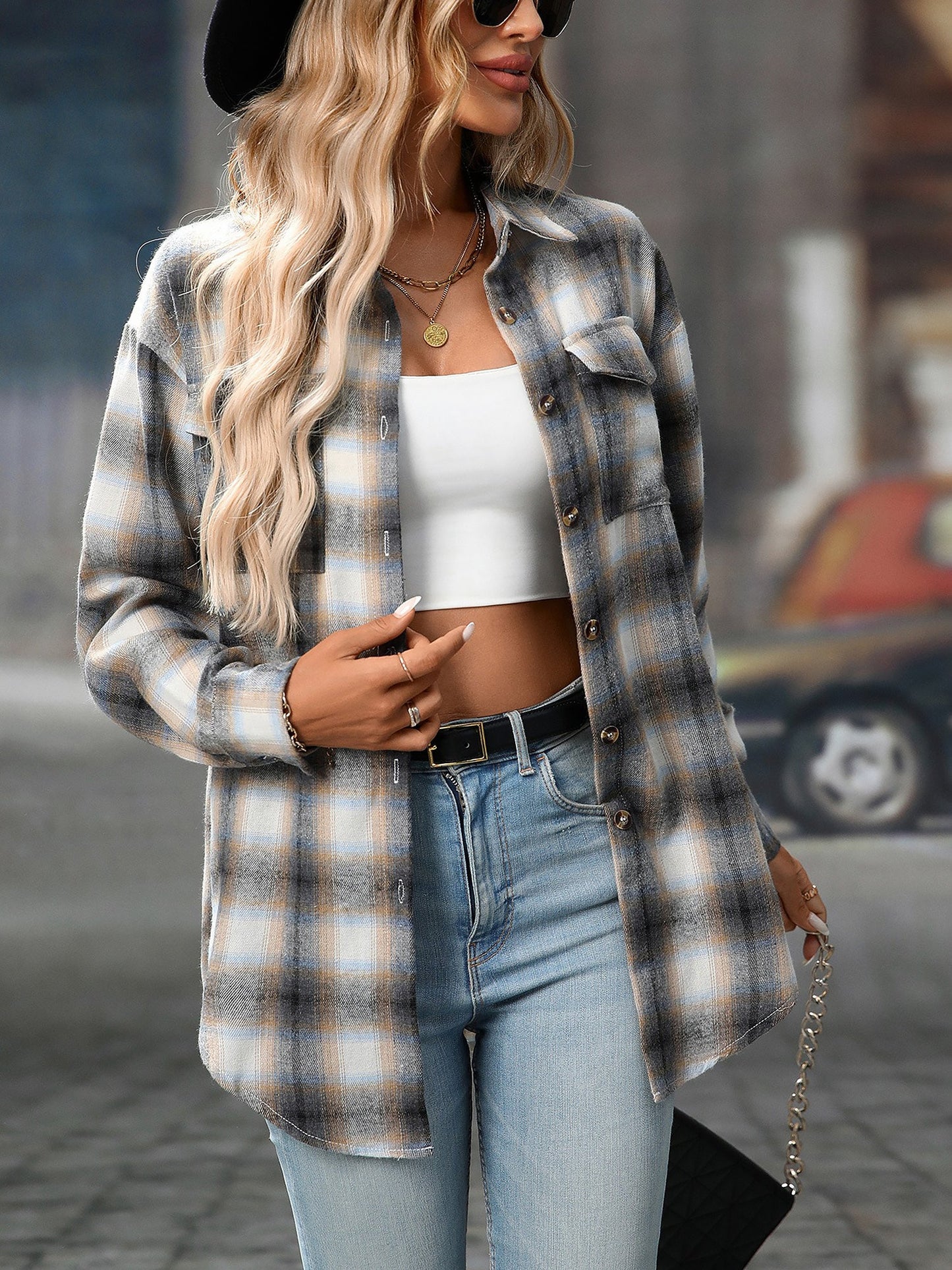 Plaid Turn Down Collar Long Sleeves Pocketed Shirt
