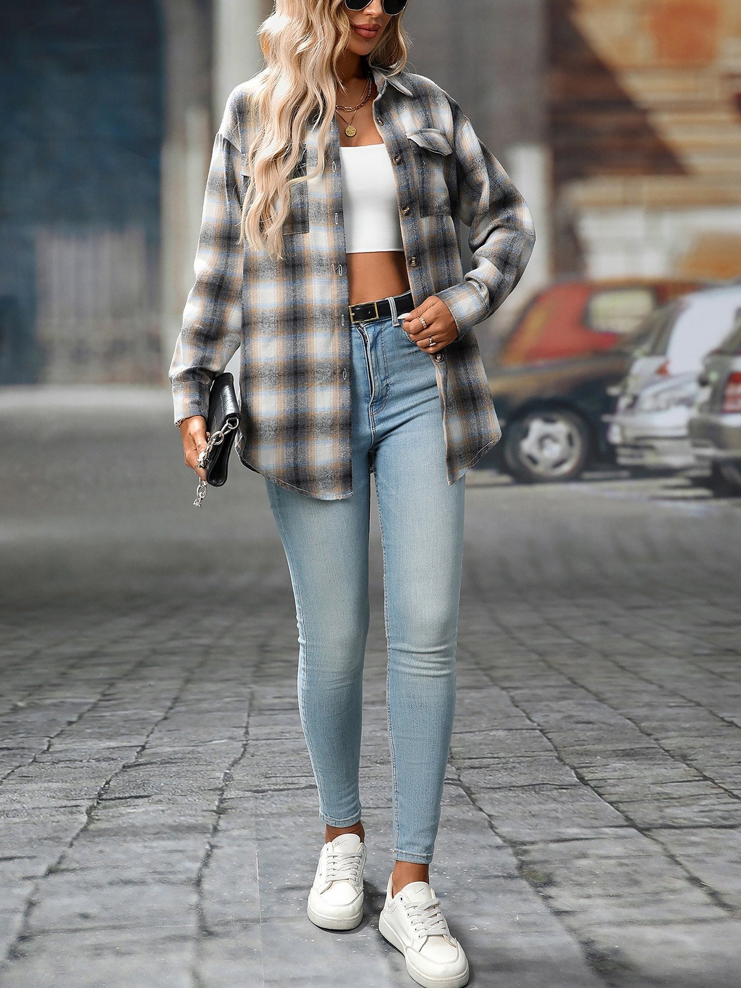 Plaid Turn Down Collar Long Sleeves Pocketed Shirt